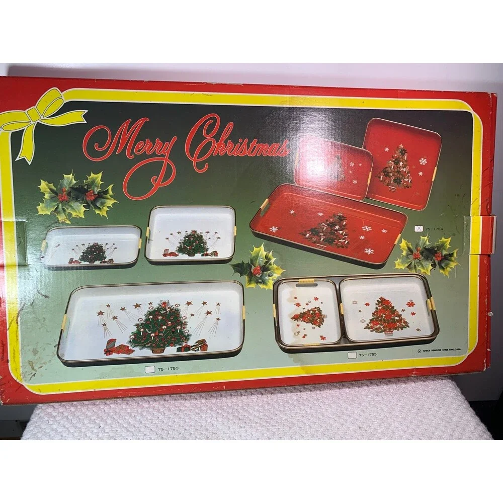 vintage 3 Piece Christmas Serving Laqure Tray Set  in Box
